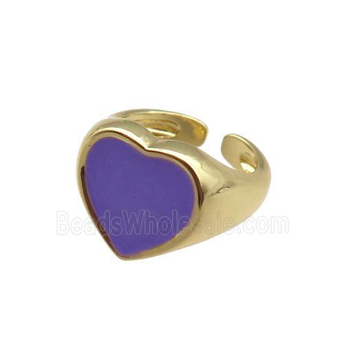Copper Rings with purple enameled heart, adjustable, gold plated