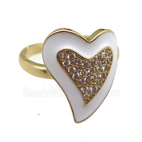 copper rings with white enameled heart, adjustable, gold plated