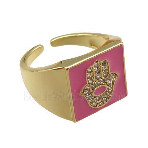 copper rings paved zircon with pink enameled, hamsahand, adjustable, gold plated