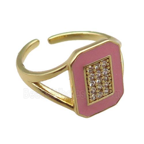 copper rings paved zircon with pink enameled, adjustable, gold plated