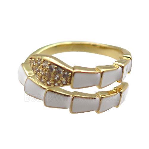 copper snake rings paved zircon with white enameled, adjustable, gold plated