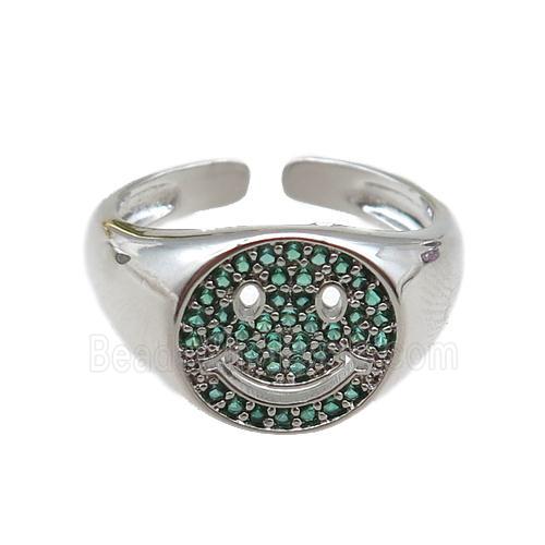 copper rings paved green zircon with smileface emoji, adjustable, platinum plated