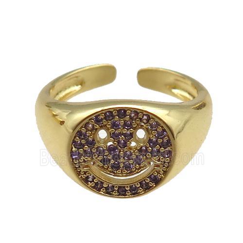 copper rings paved purple zircon with smileface emoji, adjustable, gold plated