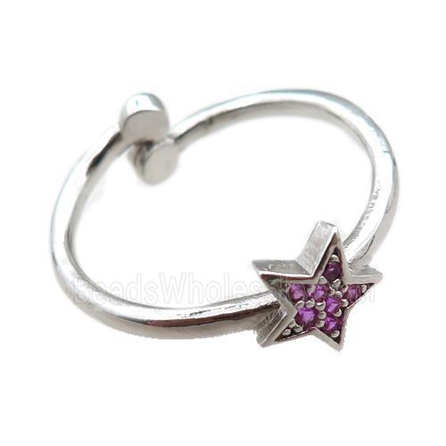 adjustable copper ring with star pave hotpink zircon, platinum plated