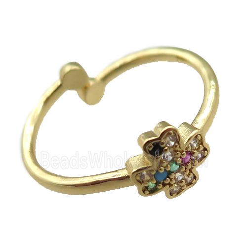 adjustable copper ring with clover pave zircon, gold plated