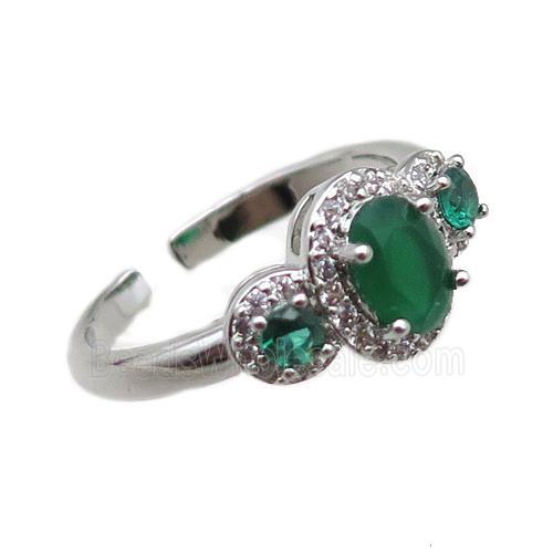 adjustable copper ring pave green zircon, platinum plated