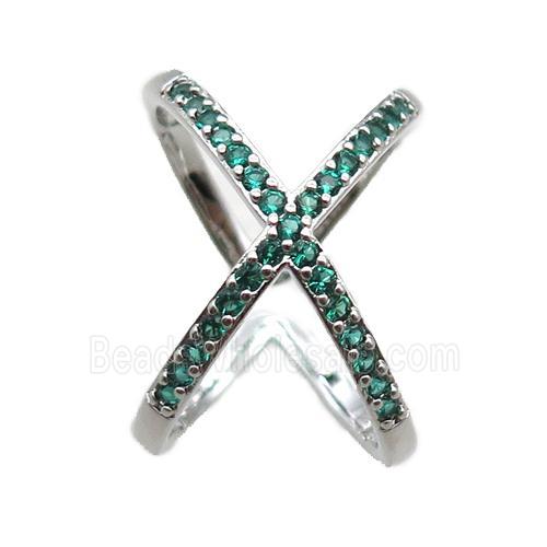 adjustable copper ring pave green zircon, plastinum plated