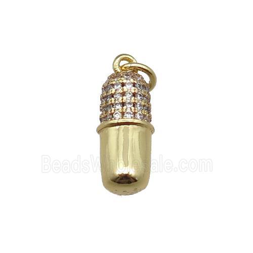 copper pill charm pendant pave zircon, gold plated