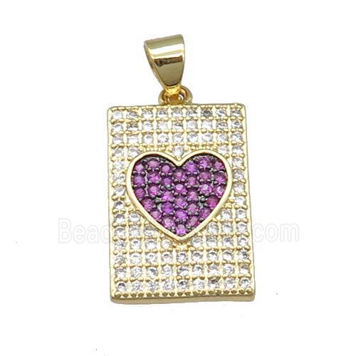 copper rectangle pendant pave zircon, heart, gold plated