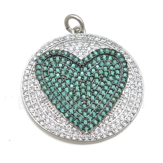 copper circle pendant pave zircon, heart, platinum plated