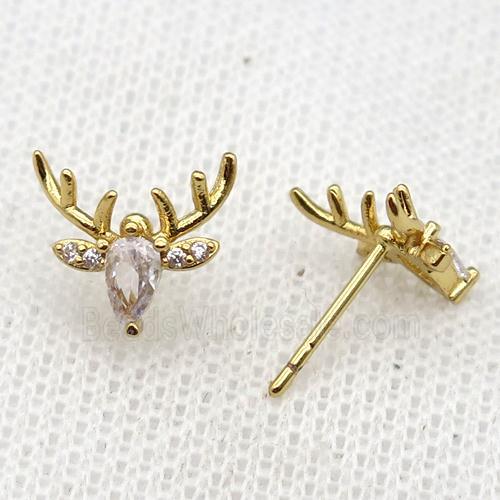 copper Reindeer Stud Earring paved zircon, gold plated