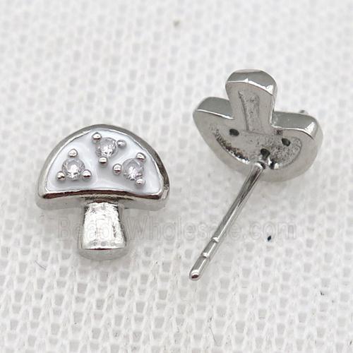 copper mushroom Stud Earring with white Enameled, platinum plated