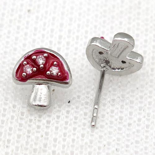 copper mushroom Stud Earring with red Enameled, platinum plated