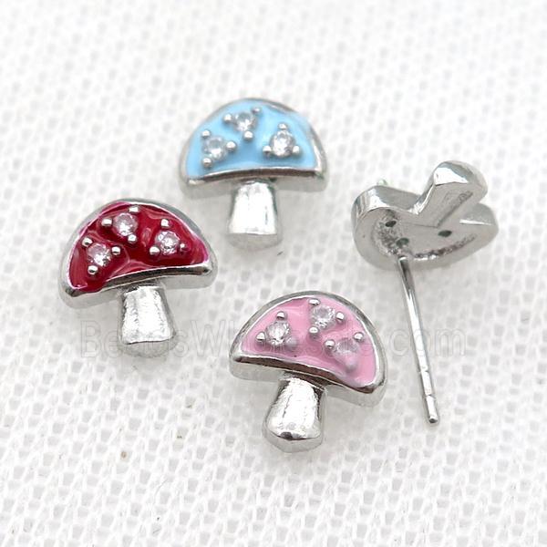 copper mushroom Stud Earring with Enameled, mix, platinum plated