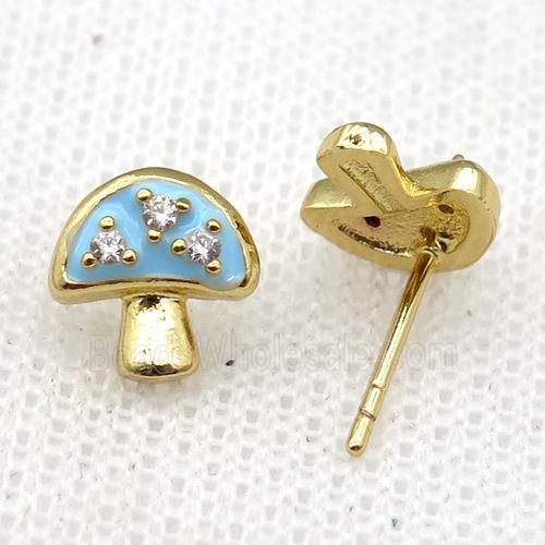 copper mushroom Stud Earring with blue Enameled, gold plated