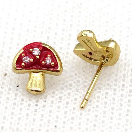 copper mushroom Stud Earring with red Enameled, gold plated
