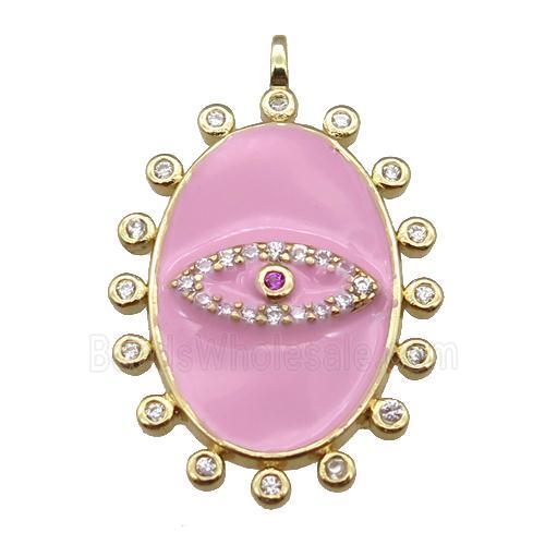 copper oval Eye pendant pave zircon with pink enamel, gold plated