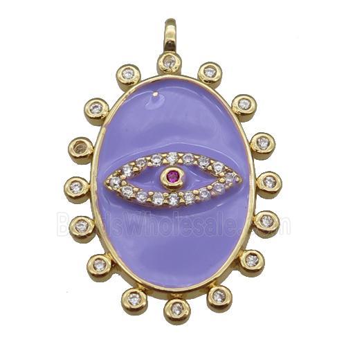 copper oval Eye pendant pave zircon with lavender enamel, gold plated