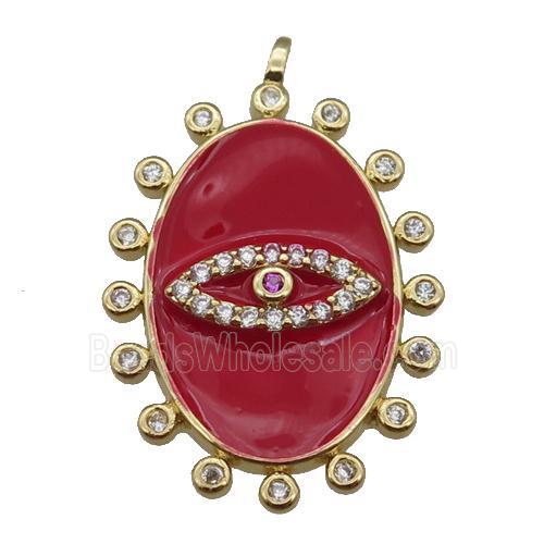 copper oval Eye pendant pave zircon with red enamel, gold plated