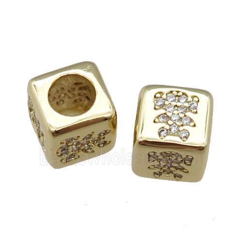 European Style copper cube beads pave zircon, kid, large hole, gold plated