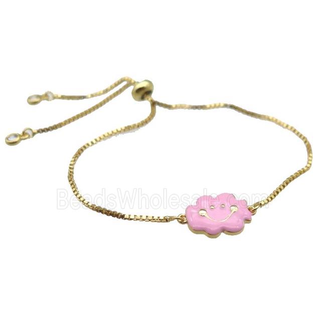 copper Bracelet with pink enamel cloudface, adjustable, gold plated