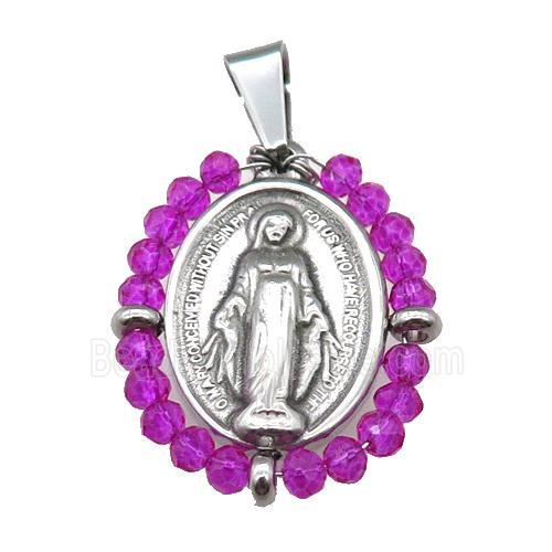 stainless steel Jesus pendant with hotpink crystal glass