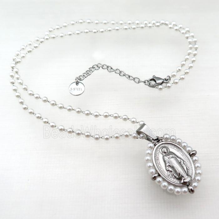 Stainless Steel Jesus Necklace White Pearlized Glass Platinum Plated