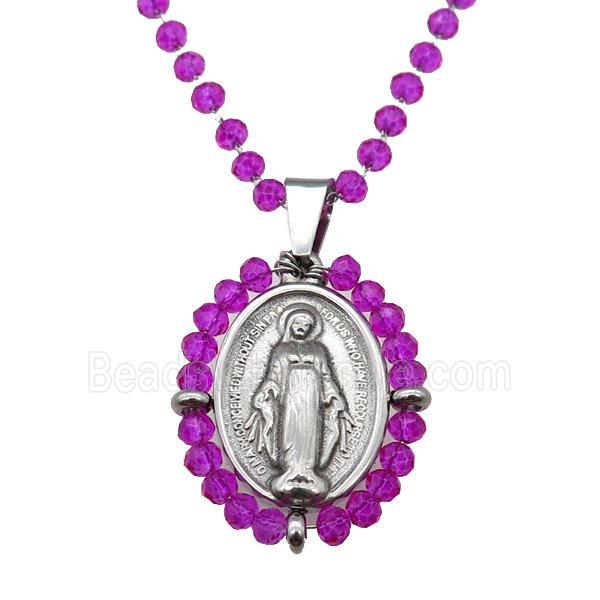 Stainless Steel Jesus Necklace Hotpink Crystal Glass Platinum Plated