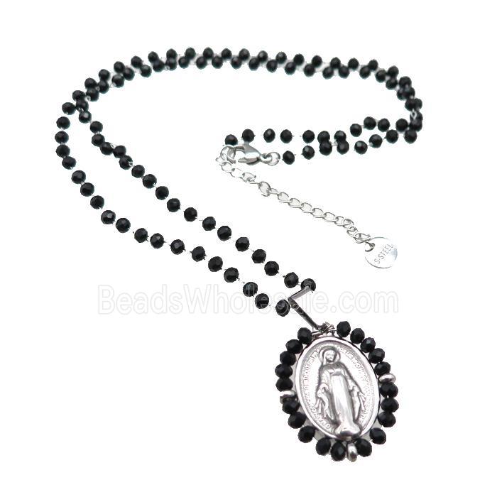 Stainless Steel Jesus Necklace Black Crystal Glass Platinum Plated