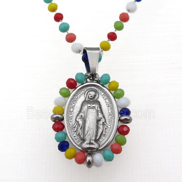 Stainless Steel Jesus Necklace Multicolor Crystal Glass Platinum Plated