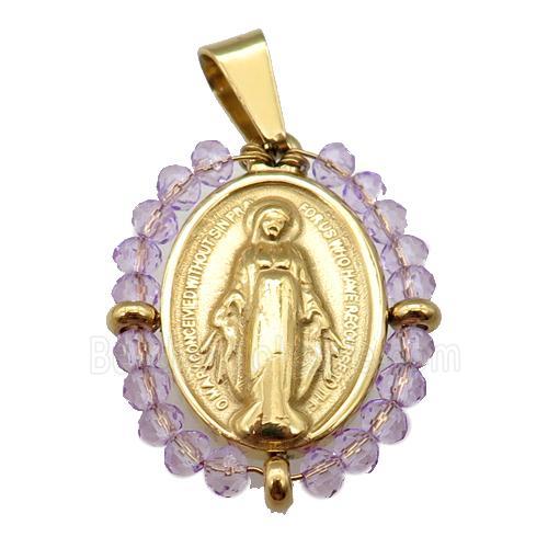 stainless steel Jesus pendant with purple crystal glass wrapped, gold plated