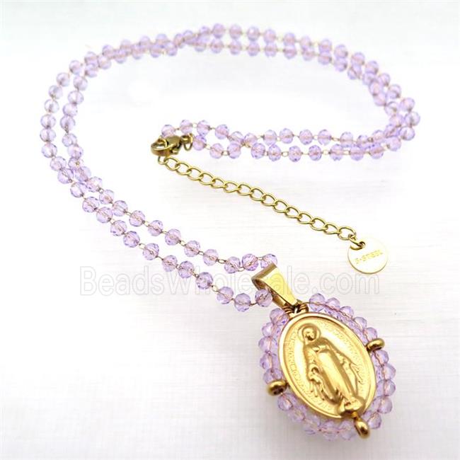 Stainless Steel Jesus Necklace Lt.purple Crystal Glass Gold Plated