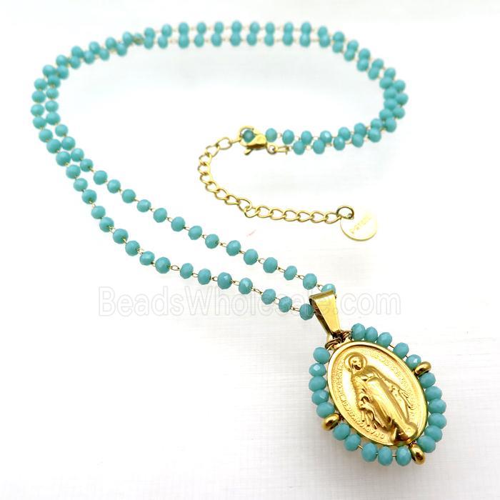 Stainless Steel Jesus Necklace Green Crystal Glass Gold Plated