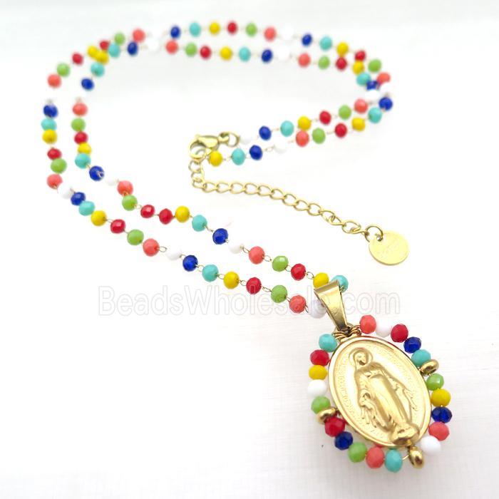 Stainless Steel Jesus Necklace Multicolor Crystal Glass Gold Plated