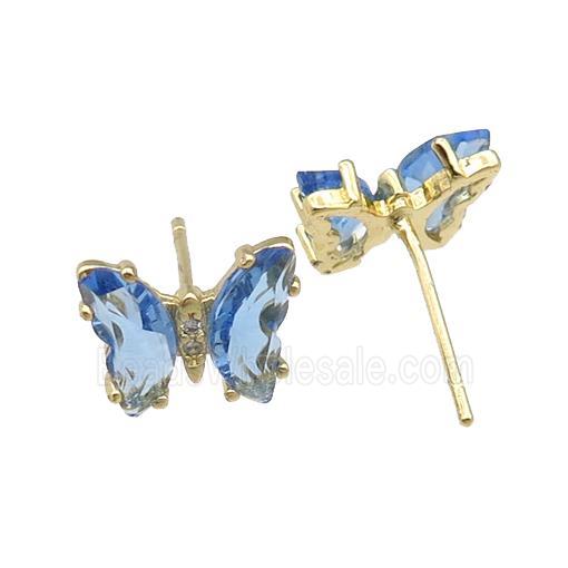 lt.blue Crystal Glass Butterfly Stud Earrings, gold plated