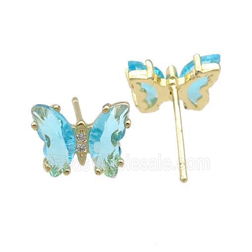 aqua Crystal Glass Butterfly Stud Earrings, gold plated