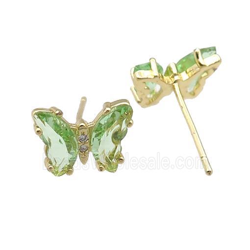 lt.green Crystal Glass Butterfly Stud Earrings, gold plated