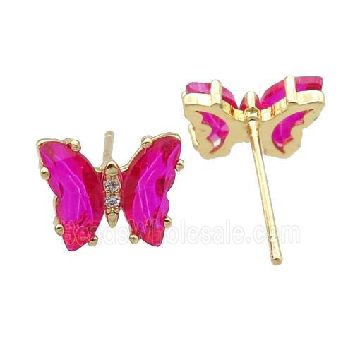 hotpink Crystal Glass Butterfly Stud Earrings, gold plated