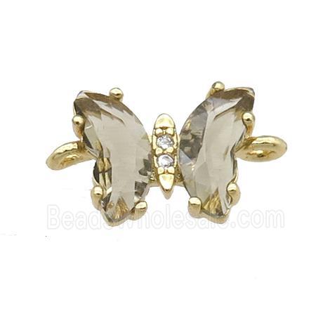 smoky Crystal Glass Butterfly Connector, gold plated