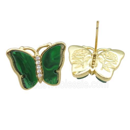 green Resin Butterfly Stud Earrings, gold plated
