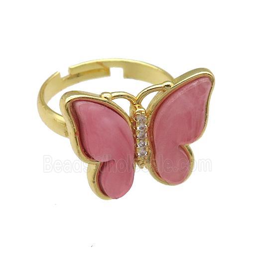 pink Resin Butterfly Rings, adjustable, gold plated