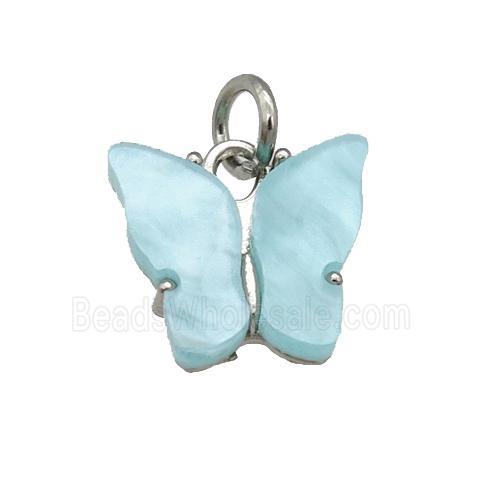 blue Resin Butterfly Pendant, platinum plated
