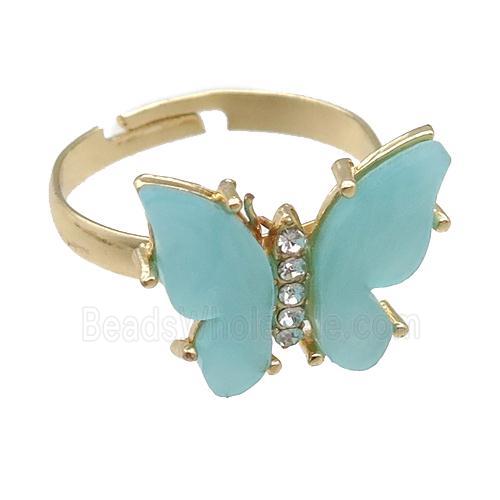 teal Resin Butterfly Rings, adjustable, gold plated