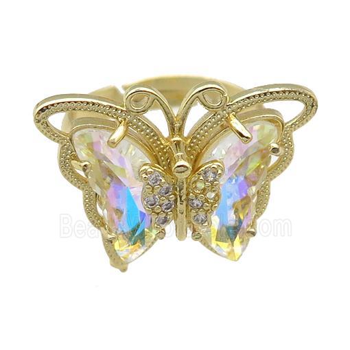 clear AB-color Crystal Glass Butterfly Rings, adjustable, gold plated