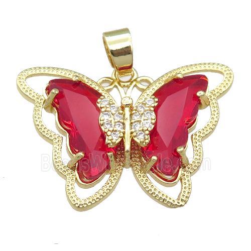red Crystal Glass Butterfly Pendant, gold plated