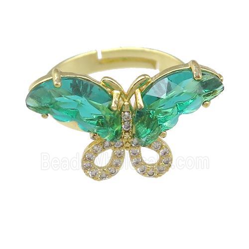 green Crystal Glass Butterfly Rings, adjustable, gold plated