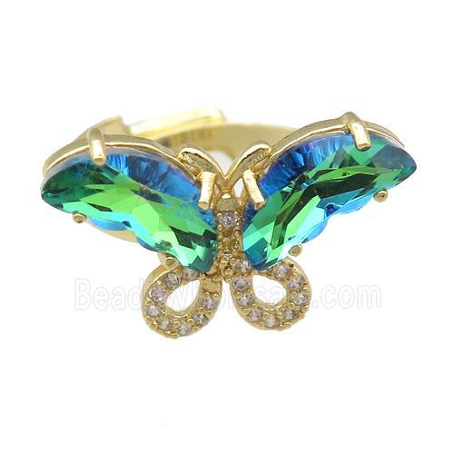 peacockgreen Crystal Glass Butterfly Rings, adjustable, gold plated