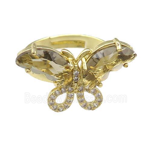 smoky Crystal Glass Butterfly Rings, adjustable, gold plated