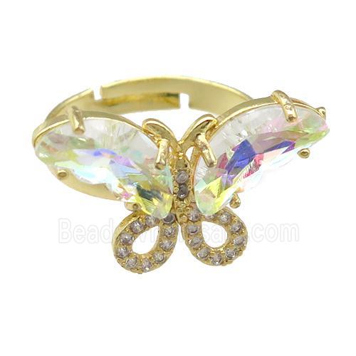 clear AB-color Crystal Glass Butterfly Rings, adjustable, gold plated