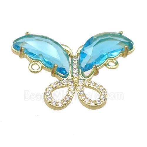 aqua Crystal Glass Butterfly Connector, gold plated